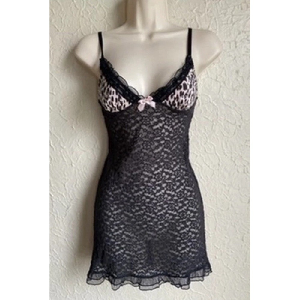 Victoria's Secret Black/cheetah Lace Cami Slip Nightie SemiSheer Chemise Dress S